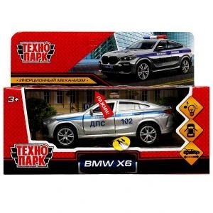 Машина металл свет-звук BMW X6 mk3 g06 ПОЛИЦИЯ 12 см, двер, инер, сер, кор. Технопарк X6-12SLPOL-SR