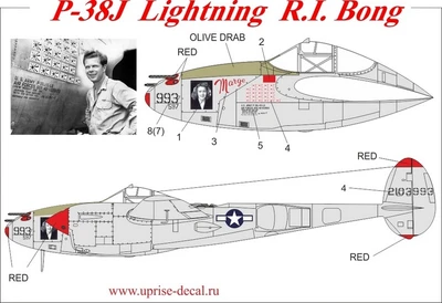 UR4843  декали  P-38J Lightning R.I. Bong, with stencils  (1:48) 2000002140993