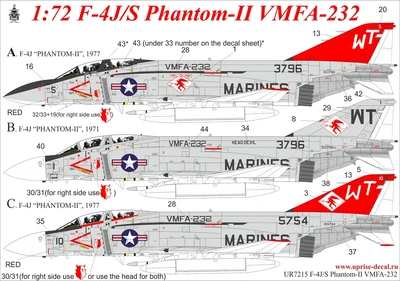 UR7215  декали  F-4J/S Phantom-II VMFA-232, no stencils  (1:72) 2000002141112