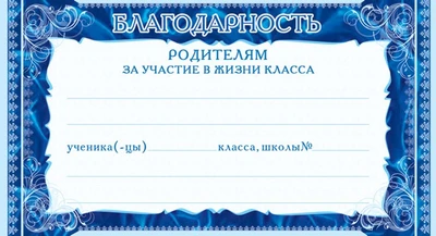 ШМ-4609 Мини-диплом. Благодарность родителям за участие в жизни класса (формат 200х107 мм) 1728049094
