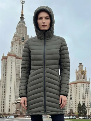 Куртка женская удлинённая стёганая с капюшоном и графеновой подкладкой цвета хаки 9628_1Kh 1475738528