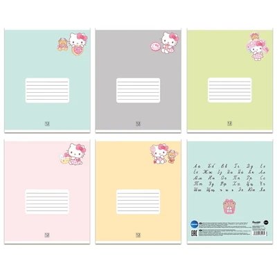 78423 Тетрадь Hello Kitty&friends, формат А5, на скрепке, 12 листов, линия с полями, внутренний блок офсет 60-65 г/м2, 100% белизна, обложка 190г/м2, 5 дизайна в спайке, 25 шт. в спайке 1791835717