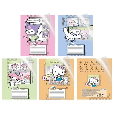 76555 Тетрадь Hello Kitty and Friends в дополнительной ПВХ обложке, формат А5, на скрепке, 18 листов, линейка с полями, внутренний блок офсет 65 г/м2, 92% белизна, 4 дизайна в спайке, 20 шт. в спайке 384621696
