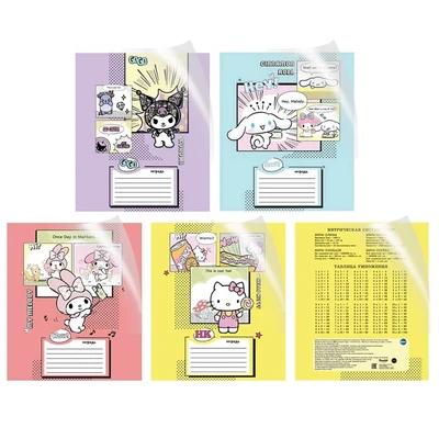 76554 Тетрадь Hello Kitty and Friends в дополнительной ПВХ обложке, формат А5, на скрепке, 18 листов, клетка с полями, внутренний блок офсет 65 г/м2, 92% белизна, 4 дизайна в спайке, 20 шт. в спайке 1754956020