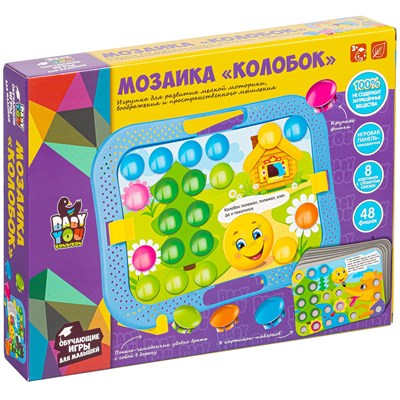 Мозаика для малышей "КОЛОБОК" 48 крупных фишек, 8 картинок с сюжетом сказки, чемоданчик, подставка Baby You Bondibon (арт. ВВ5021) 211501