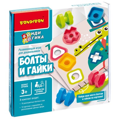 Настольная развивающая игра «БОЛТЫ И ГАЙКИ» 12 карточек с заданиями БондиЛогика Bondibon (арт. ВВ5368) 1260682240