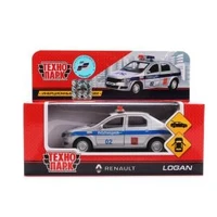 Машина металл RENAULT LOGAN ПОЛИЦИЯ, 12 см, двери, баг, ин.серебристый, кор. Технопарк LOGAN-P