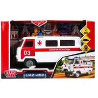 Машина пластик свет-звук UAZ 452 СКОРАЯ ПОМОЩЬ, 18 см, дв., багаж., кор. Технопарк CT12-427-1 (24)