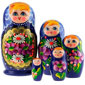 Деревянная Матрешка Большая - золотой медальон-синяя 5 шт MS0504a-LyPM-02 979-601