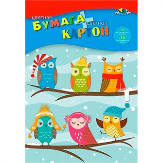 Набор картон цветной 8 л. 8 цв. А4 + цветная бумага 16 л. 8цв. А4 "Совята" С1832-14 893-225