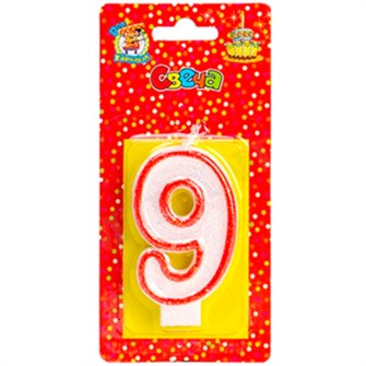 Свеча для торта 4665306724140 с красной окантовкой с блестками Цифра 9 С-2414 460-464