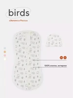 Пеленка-кокон с шапочкой Mowbaby Birds milk арт. 0012+8382 4670078640741