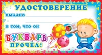 ШМ-6317 Мини-диплом. Удостоверение Букварь прочел! (формат 109х202 мм) 1572730993