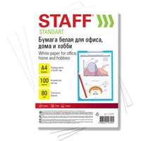 Бумага белая А4, 80г/м2, 100л, STAFF СТАНДАРТ для офиса, дома и хобби, Россия, 146% (CIE), 115351 3744809