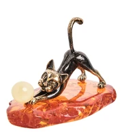 AM-1486 Фигурка «Кошечка игривая» (латунь, янтарь) 961406205
