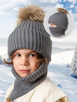 Шапка балаклава с меховым помпоном детская Amarobaby Pure Love Pompon вязаная, серый AB-OD24-PLPO16/11-50