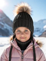 Шапка с помпоном на завязках со снудом детская Amarobaby Pure Love Snow вязаная, черный AB-OD24-PLSN16/09-44