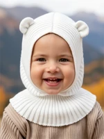 Шапка шлем с ушками мишки детская Amarobaby Pure Love Snug вязаная, молочный AB-OD24-PLS16/33-44